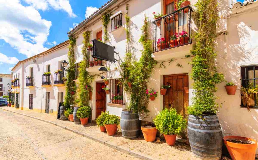 Calle pintoresca de Zahara de la Sierra, uno de los famosos Pueblos Blancos de Cádiz en Andalucía. Fachadas de casas rodeadas de plantas y flores