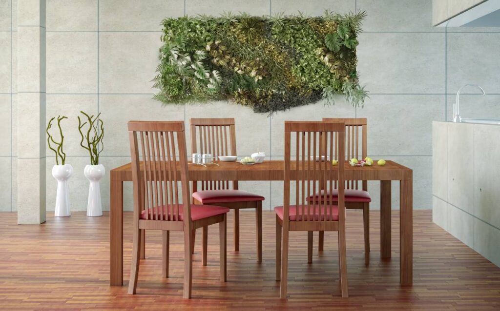 Una mesa de comedor con cuatro sillas de madera de color marrón medio.