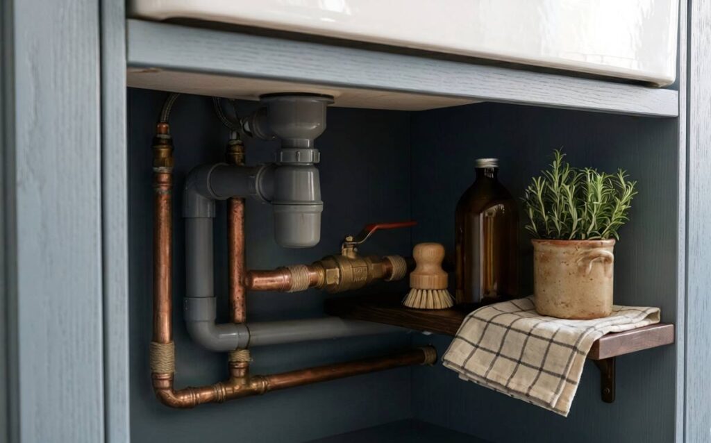Llave de paso de agua y tuberías de cobre decoradas bajo el fregadero con estantes de madera y plantas.