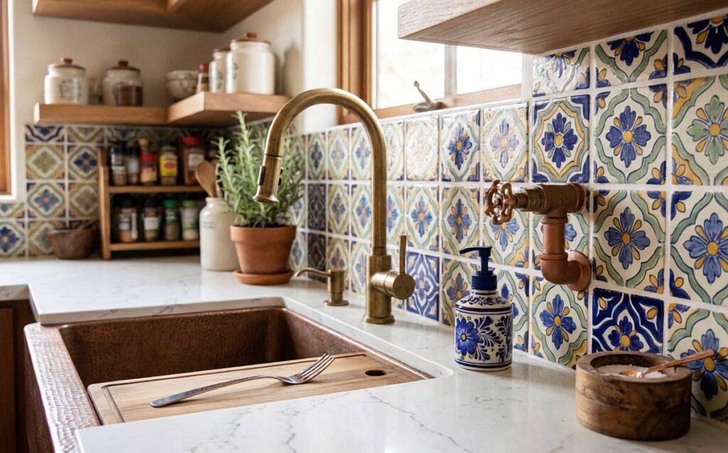 Llave de paso de estilo rústico integrada en una cocina con azulejos hidráulicos y grifería de latón.