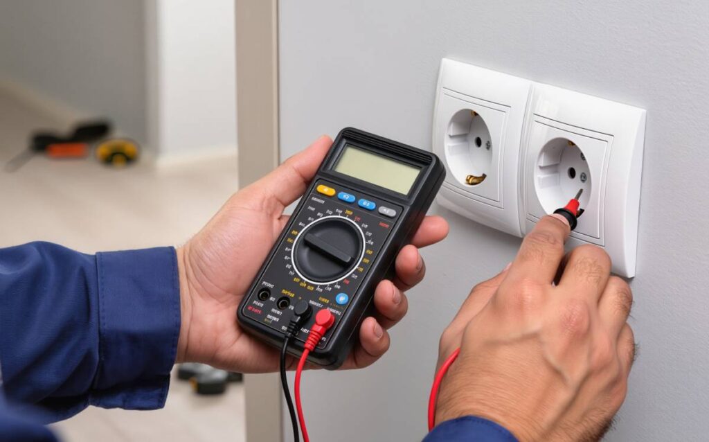 Multímetro para detectar fugas eléctricas en un enchufe de casa