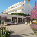 Jardines comunitarios y área de descanso exterior en el residencial Célere Nayra