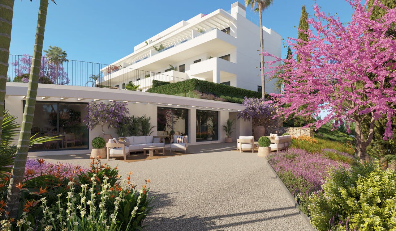 Jardines comunitarios y área de descanso exterior en el residencial Célere Nayra