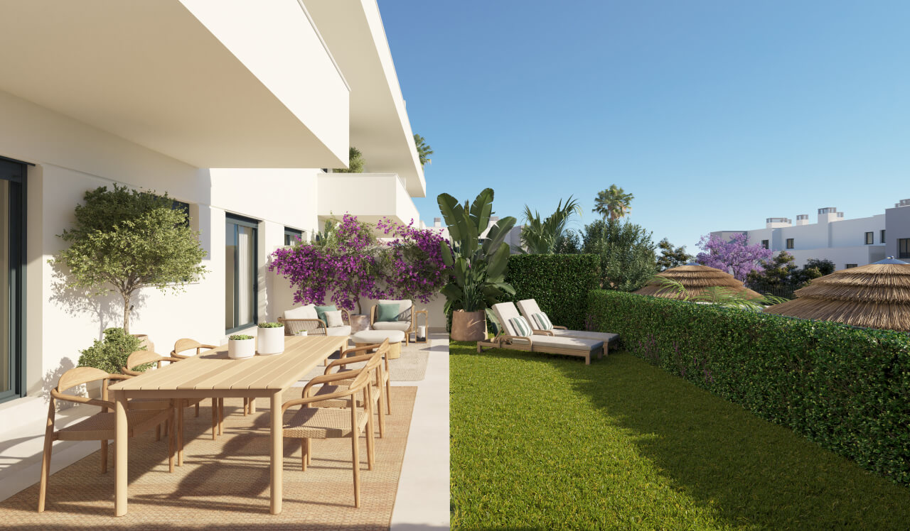 Terraza con jardín privado y zona de comedor en Célere Nayra