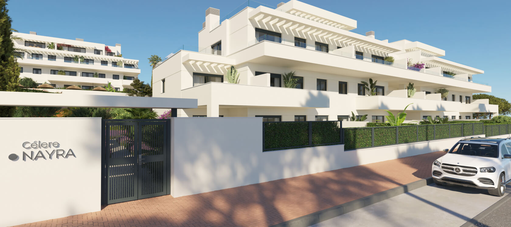 Entrance and facade of the Célere Nayra development in Mijas