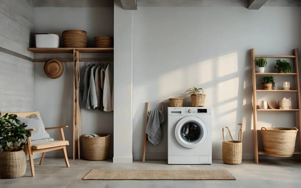 Lavadero minimalista con cestos de mimbre y estanterías de madera