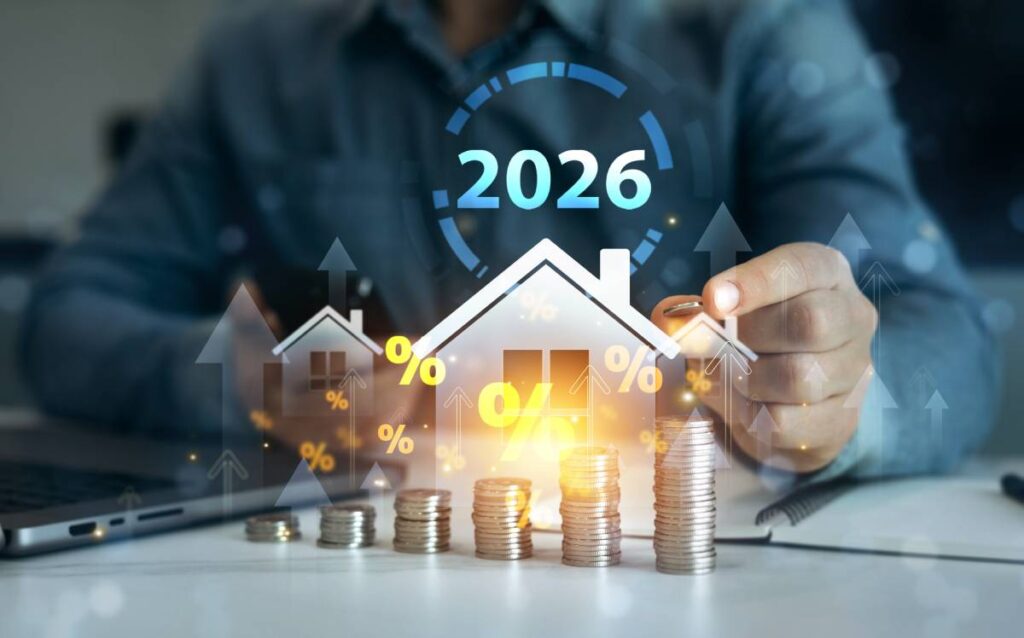 Persona analizando una inversión inmobiliaria para 2026, con gráficos de crecimiento, iconos de casas, símbolos de porcentaje y pilas de monedas en aumento