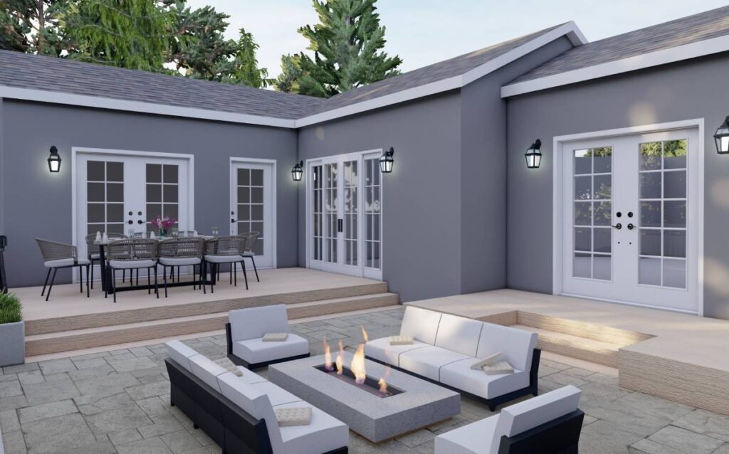 Terraza grande con zona de comedor y salón exterior con brasero central