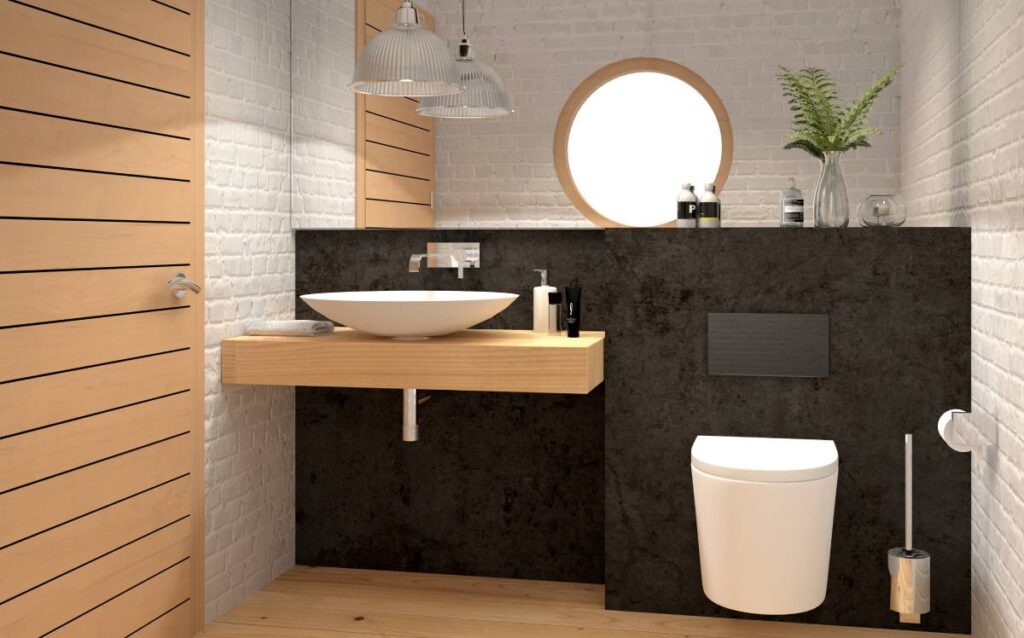 Un baño de estilo rústico moderno, con paredes de ladrillo blanco visto y carpintería de madera clara con paneles de tablillas