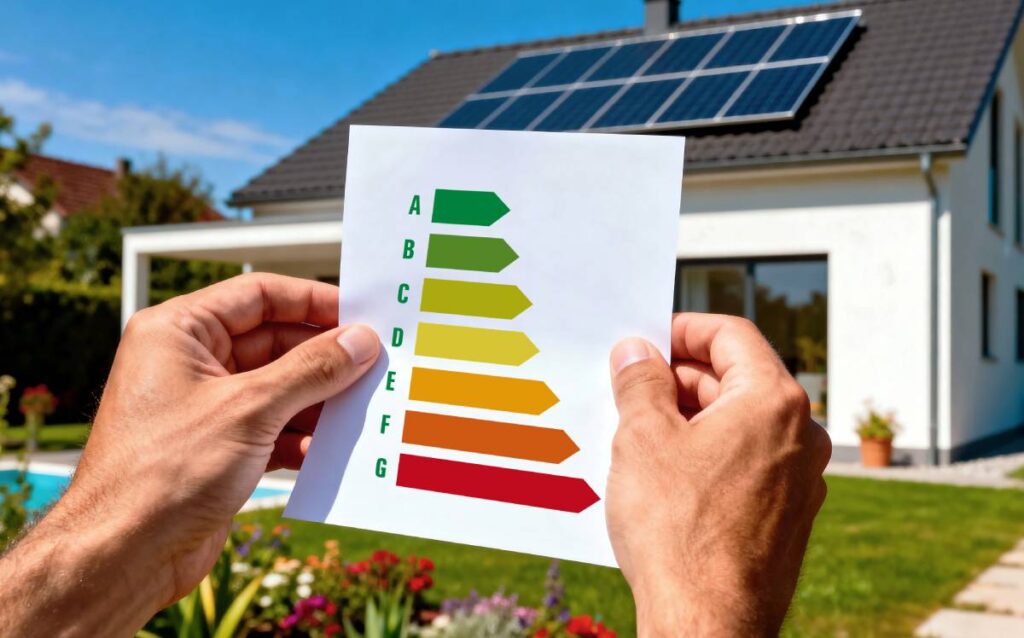 Persona sosteniendo una etiqueta de eficiencia energética frente a una vivienda unificada con paneles solares