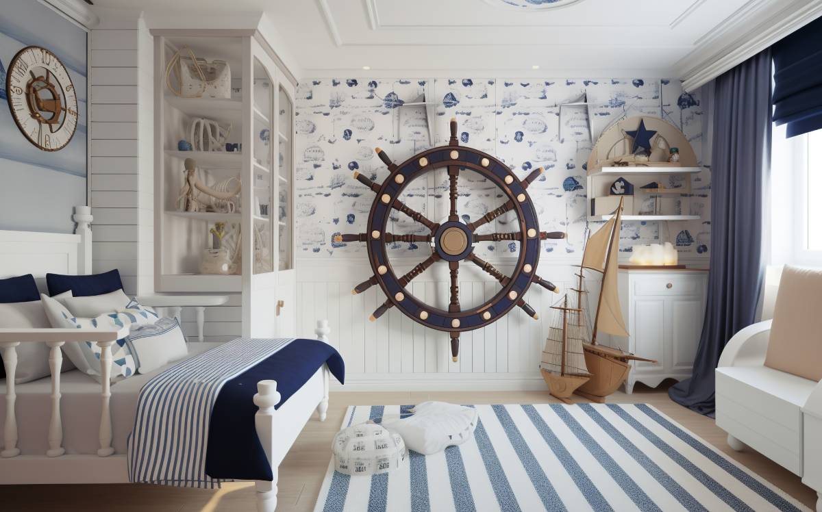 Habitación con decoración estilo náutico, timón grande y alfombra a rayas