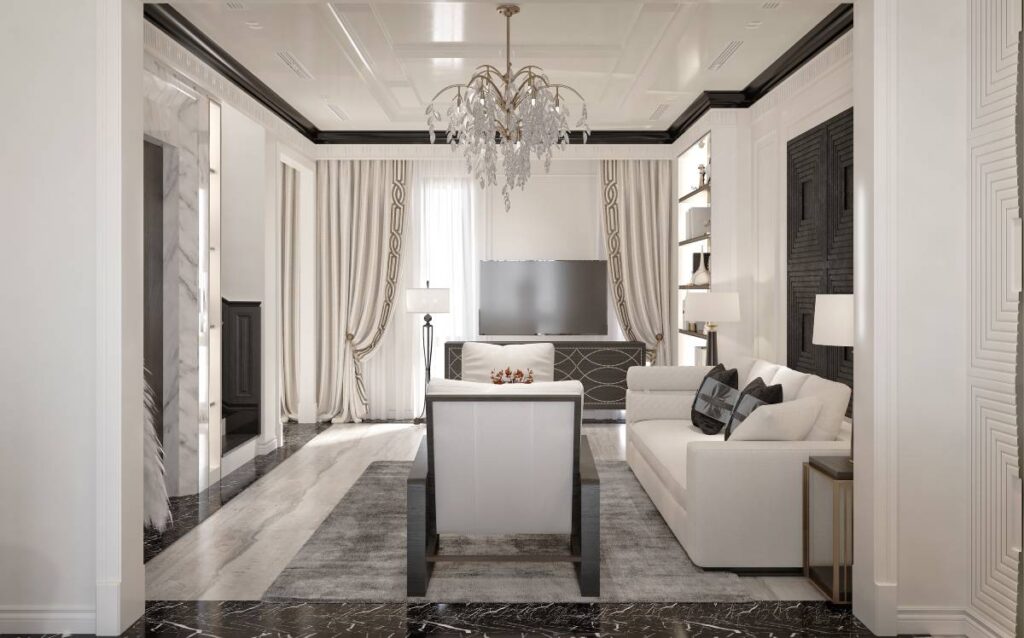 Salón con estilo neoclásico decoración en tonos blancos y negros