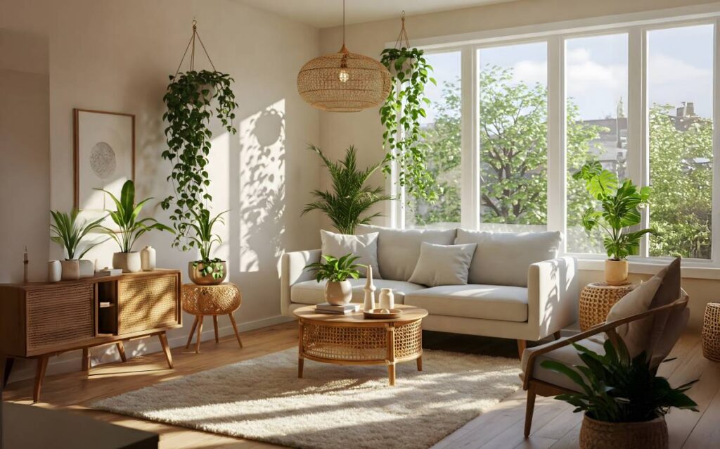 Un salón luminoso con abundantes plantas de interior y muebles de caña, un sofá beige y grandes ventanales