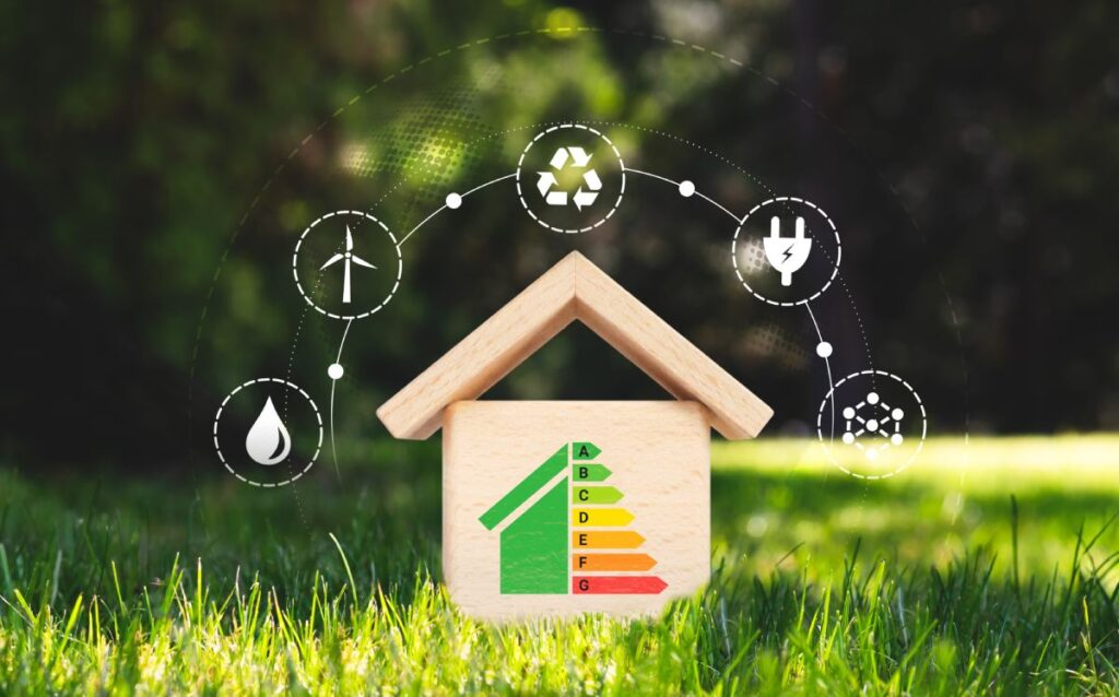 Imagen de un modelo conceptual que representa la eficiencia energética en los hogares, destacando la importancia de reducir el consumo y utilizar fuentes de energía respetuosas con el medio ambiente.
