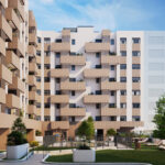 Vista exterior de la promoción de obra nueva Vía Célere Altana con modernos edificios residenciales, amplias terrazas, zonas ajardinadas, espacios comunes y áreas de ocio.