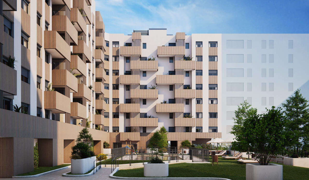 Vista exterior de la promoción de obra nueva Vía Célere Altana con modernos edificios residenciales, amplias terrazas, zonas ajardinadas, espacios comunes y áreas de ocio.