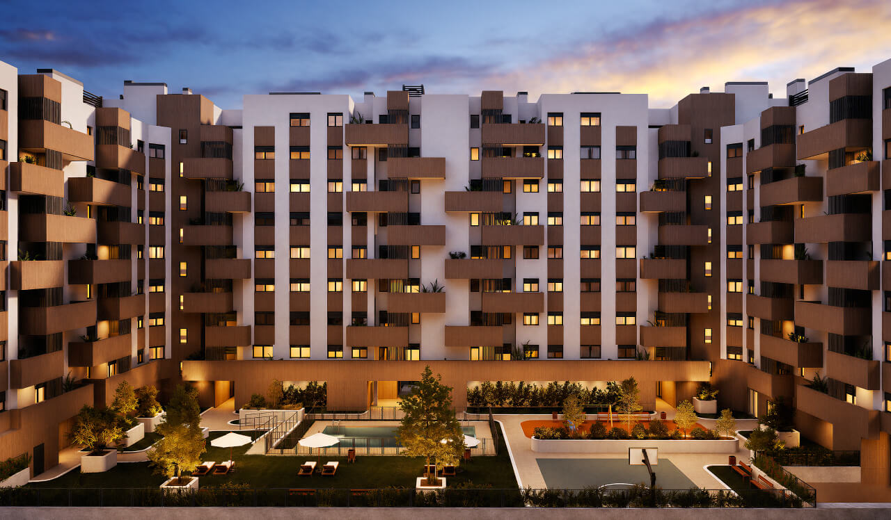 Vista exterior de Vía Célere Altana, promoción de obra nueva con amplias terrazas, piscina comunitaria, jardines privados y modernas zonas comunes.