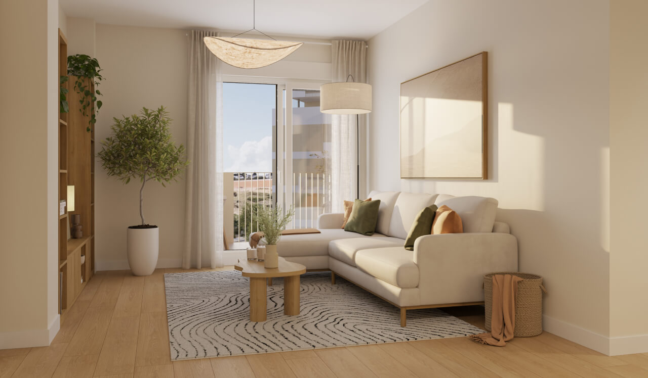 Salón moderno de una vivienda de obra nueva Vía Célere Jara con sofá chaise longue, grandes ventanales, luz natural, suelo de madera y balcón.