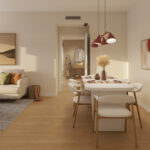 Salón comedor de una vivienda de obra nueva Vía Célere Jara con espacios abiertos, mobiliario moderno, luz natural y acabados contemporáneos.