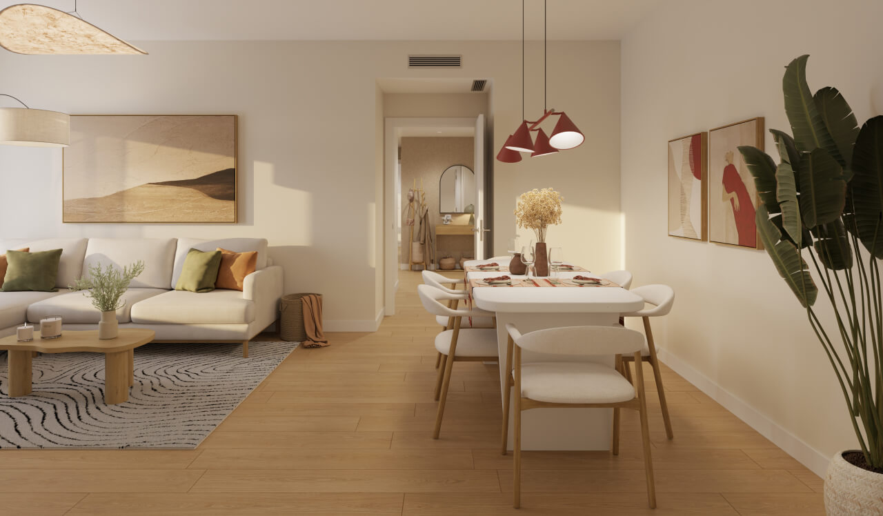 Salón comedor de una vivienda de obra nueva Vía Célere Jara con espacios abiertos, mobiliario moderno, luz natural y acabados contemporáneos.