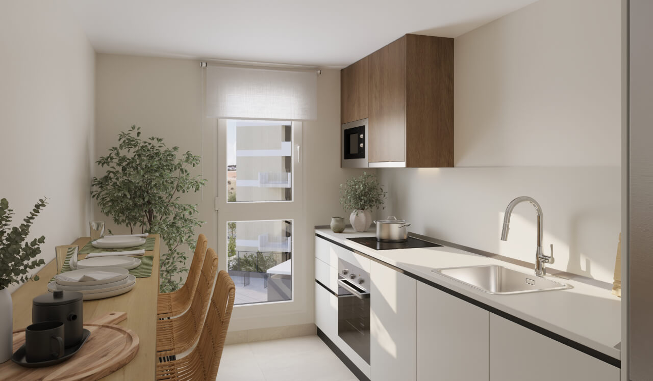 Cocina de diseño contemporáneo en una vivienda de obra nueva Vía Célere Jara, equipada con muebles de líneas modernas, electrodomésticos integrados, zona office y entrada de luz natural.