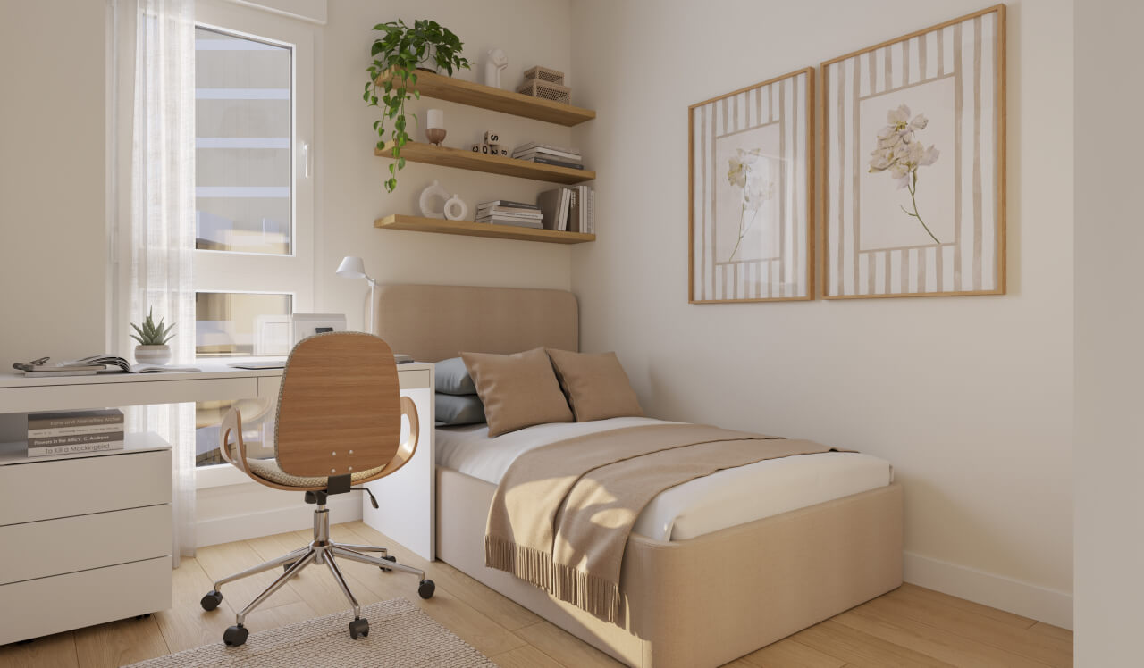 Dormitorio individual de una vivienda de obra nueva Vía Célere Jara, con cama, escritorio de estudio, estanterías de madera, ventana de gran tamaño y decoración moderna en tonos neutros.
