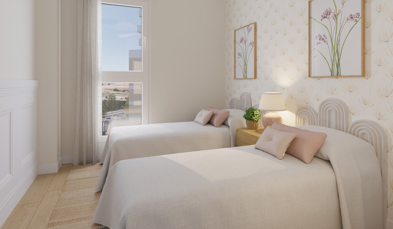Dormitorio doble de una vivienda de obra nueva Vía Célere Jara, con dos camas individuales, gran ventanal, luz natural, acabados modernos y decoración en tonos suaves.