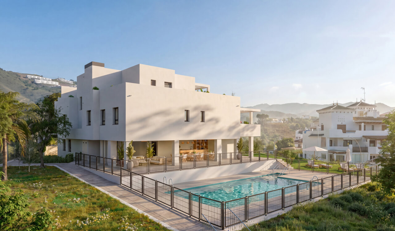Zonas comunes de la promoción de obra nueva Vía Célere Victoria I con piscina exterior, amplias áreas ajardinadas y arquitectura moderna.