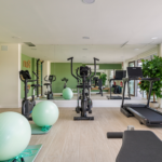 Gimnasio de Célere Arce con cintas de correr, bicicletas elípticas, zona de entrenamiento funcional, espejos de gran formato, balones de fitness y amplios espacios.
