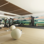 Gimnasio de uso comunitario en Célere Nayra con zona de entrenamiento funcional, cintas de correr, bicicletas estáticas, máquinas de musculación y espacio para actividades de bienestar.