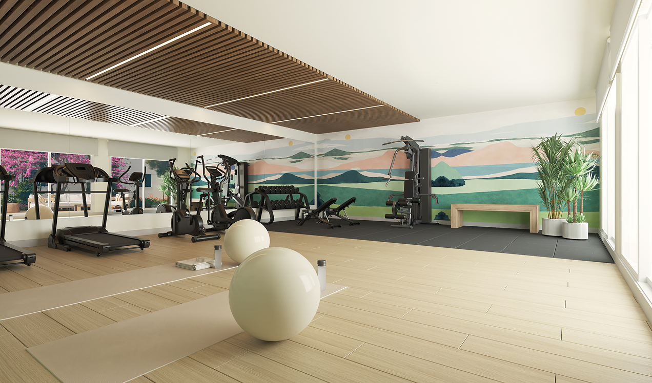 Gimnasio de uso comunitario en Célere Nayra con zona de entrenamiento funcional, cintas de correr, bicicletas estáticas, máquinas de musculación y espacio para actividades de bienestar.