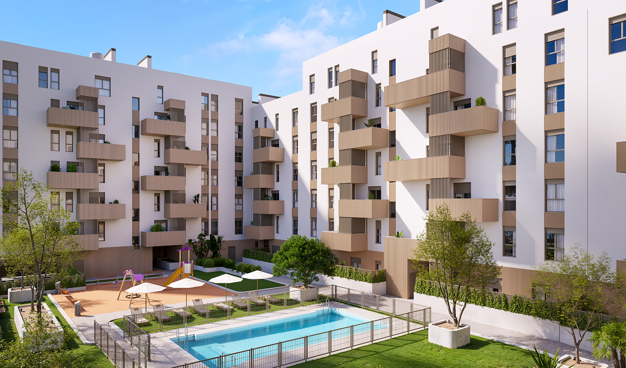 Zonas comunes de Célere Allegra con piscina comunitaria, área de juegos infantiles, amplias zonas ajardinadas y modernos edificios residenciales con terrazas privadas.