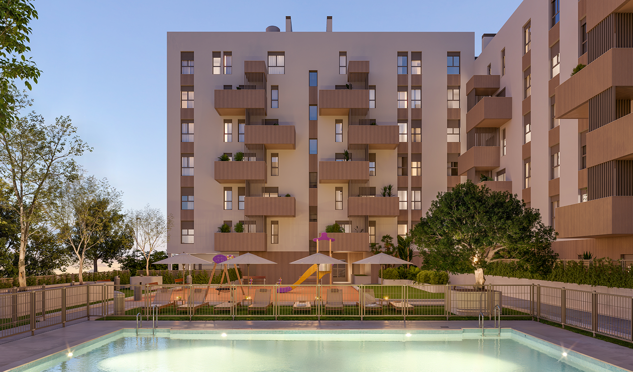 Piscina comunitaria, zona infantil y áreas ajardinadas de la promoción de obra nueva Célere Allegra, rodeadas de modernos edificios residenciales con amplias terrazas y espacios exteriores.