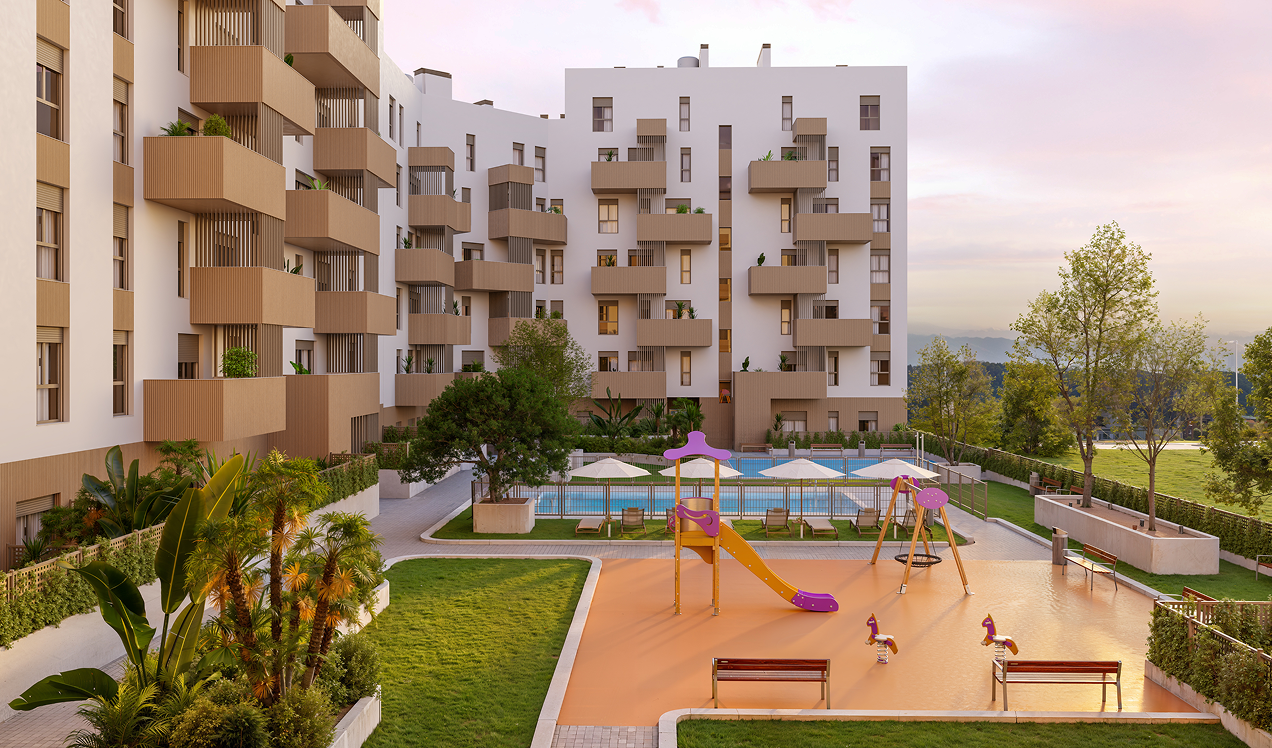 Zonas comunes de Célere Allegra con parque infantil, piscina comunitaria, amplias áreas ajardinadas y edificios residenciales de diseño moderno con terrazas privadas.