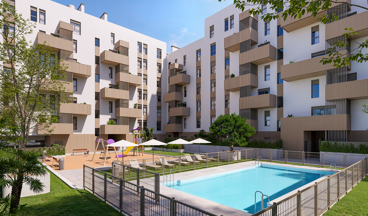 Piscina comunitaria y área de juegos infantiles en la promoción Célere Allegra, rodeadas de zonas ajardinadas y modernas viviendas con amplias terrazas y espacios exteriores.