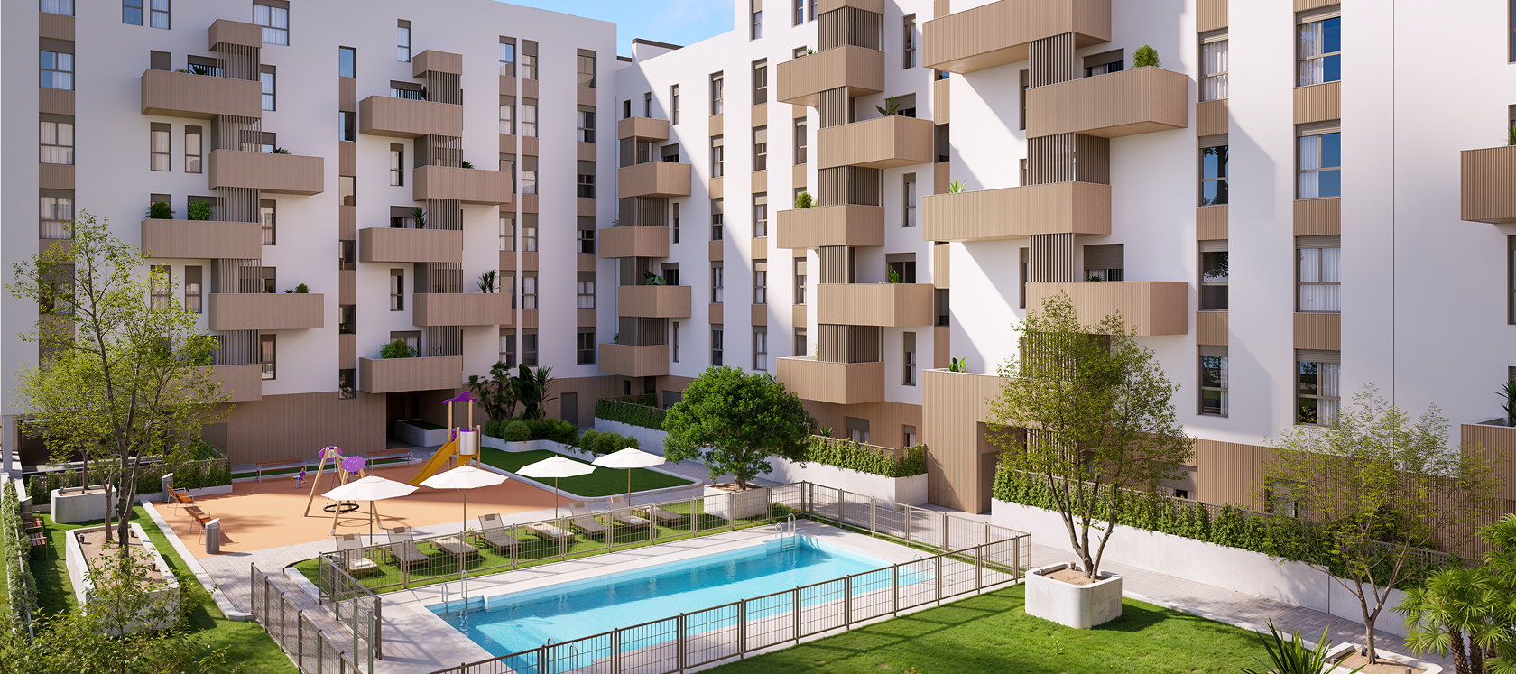 Zonas comunes de la promoción Célere Allegra con piscina comunitaria, área de juegos infantiles, amplias zonas ajardinadas y edificios residenciales de diseño moderno con terrazas.