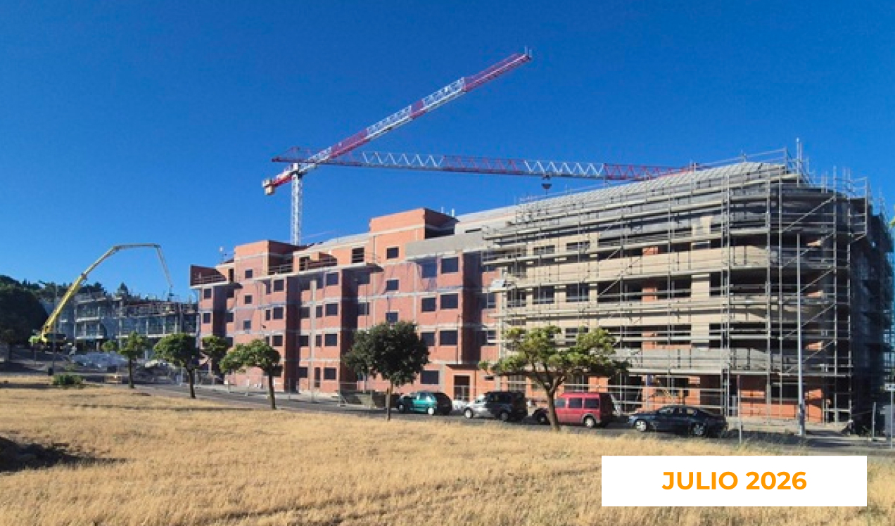 La imagen muestra el avance de las obras de Célere Morelia en julio de 2026, con varios bloques residenciales en construcción, una grúa torre, andamios instalados en las fachadas y trabajos de estructura y cerramiento en distintas zonas de la promoción.