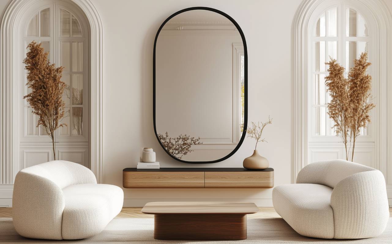 Salón luminoso con espejo grande, sillones claros y decoración neutra