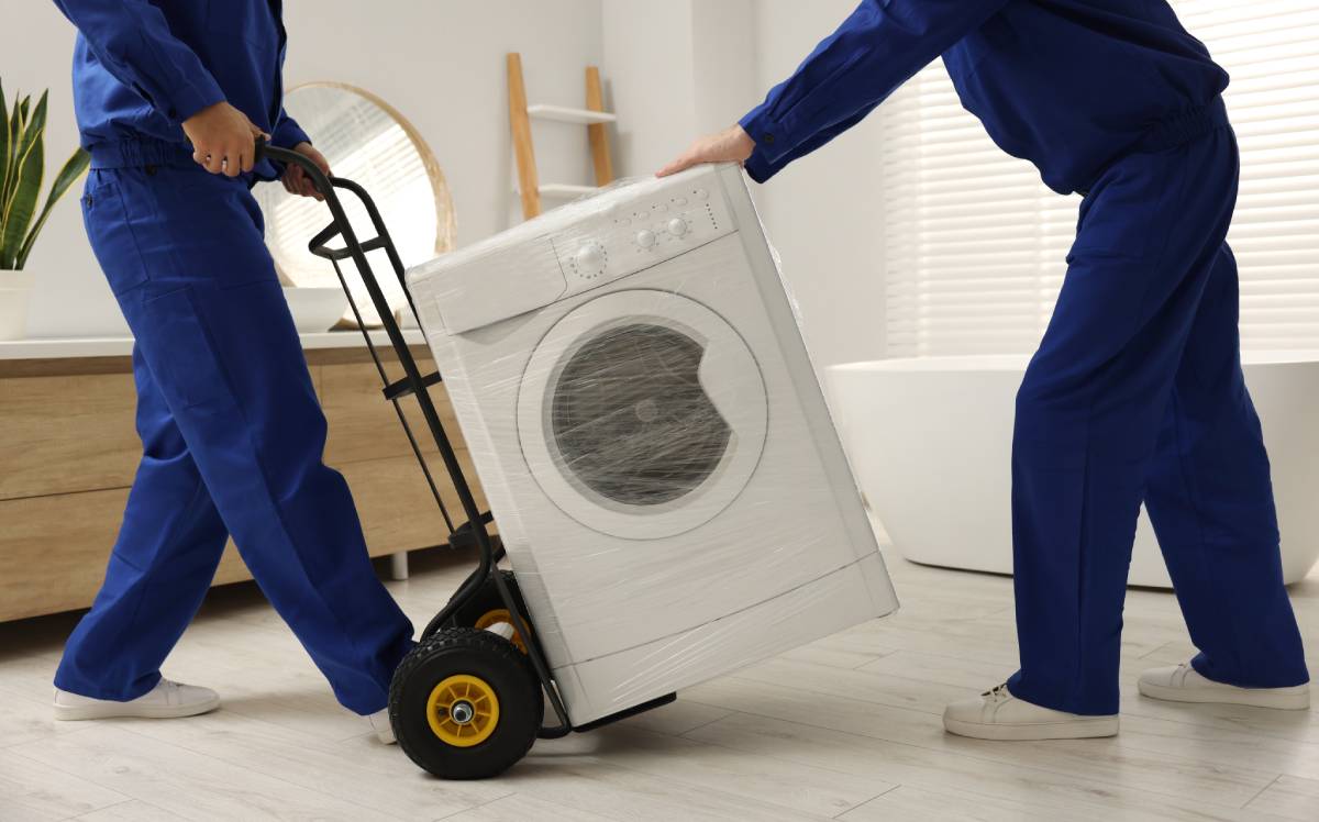 Profesionales de mudanzas trasladando una lavadora