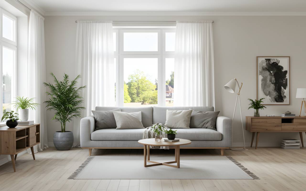 Salón luminoso con grandes ventanales, tonos claros y plantas decorativas