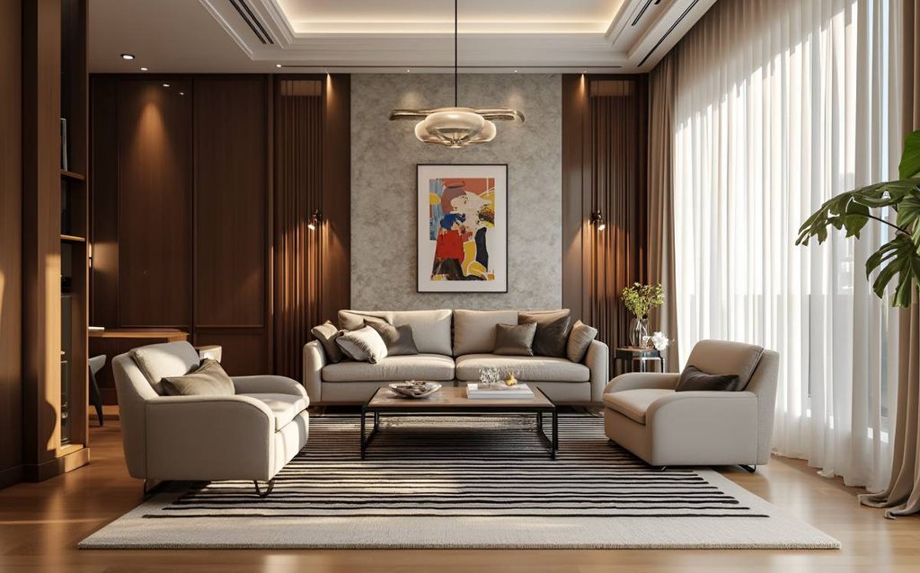 Salón de estilo slow deco con tonos neutros, madera y luz natural