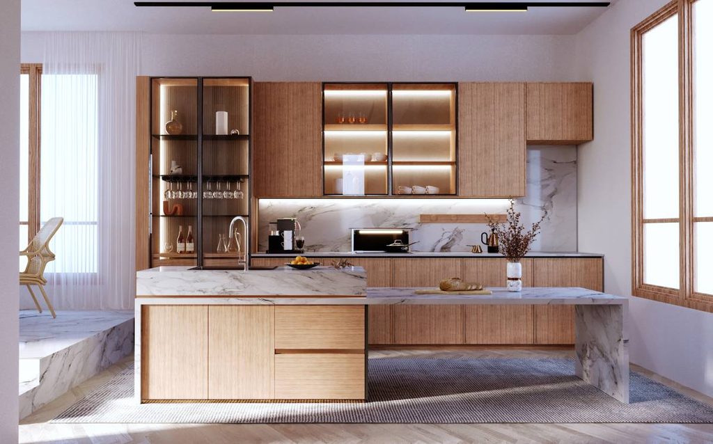 Cocina slow deco con madera, mármol y diseño funcional