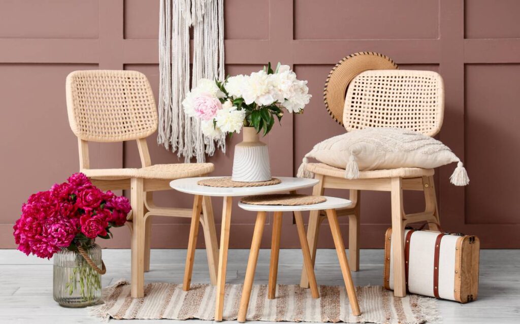 Dos sillas de fibras naturales con mesas auxiliares de madera, flores y elementos decorativos en tonos cálidos