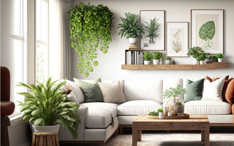 Salón de una casa moderno decorado con tonos claros y plantas
