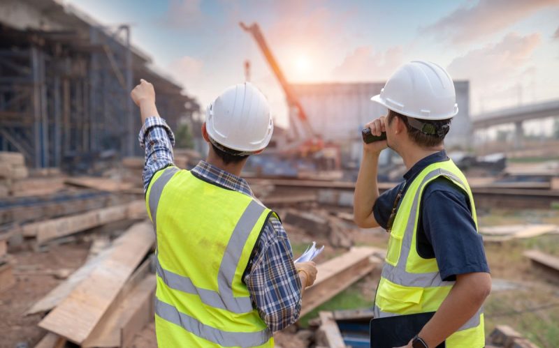 Obreros organizando la construcción de una vivienda de obra nueva