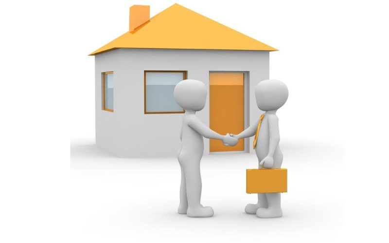 Tres personas en 3D estrechando manos cerrando un acuerdo de una compra de una casa sin ahorros